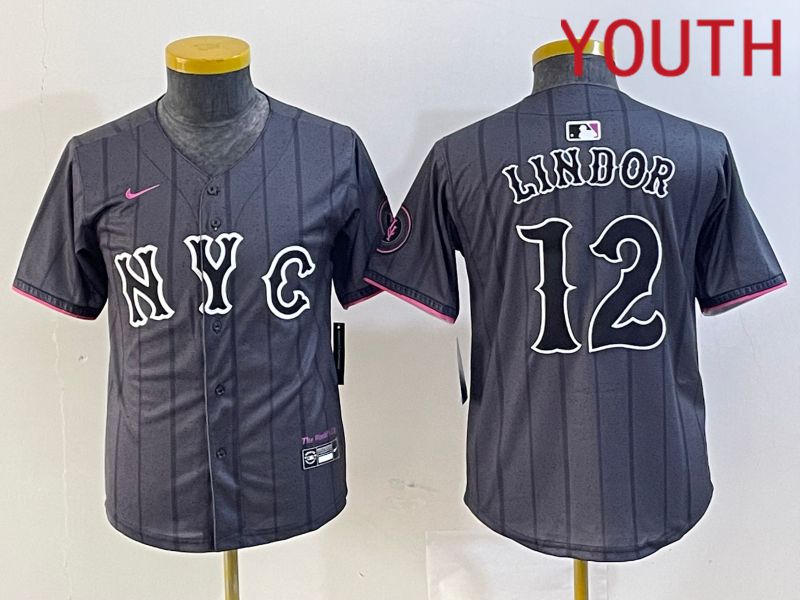 Youth New York Mets #12 Lindor Black City Edition 2024 Nike MLB Jersey style 2